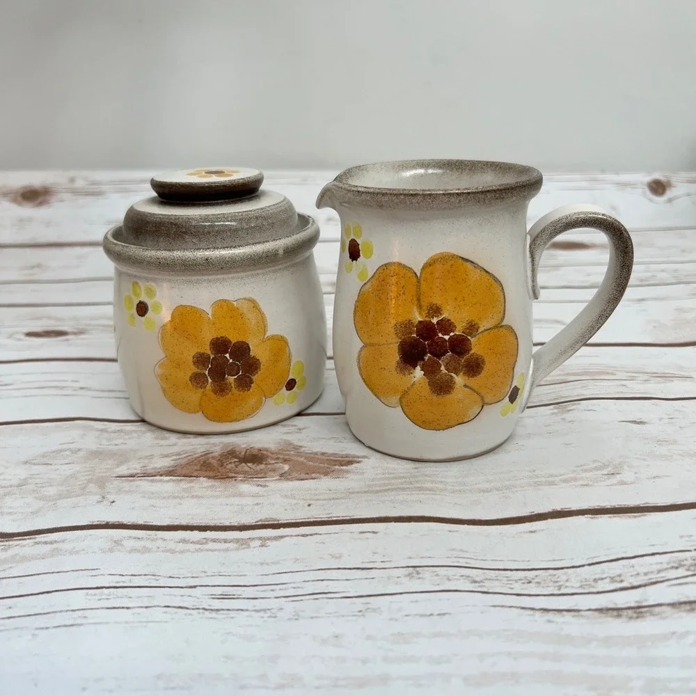 Vintage Creamer and Sugar Bowl Set Yellow Floral Stoneware Retro Farmhouse OS
